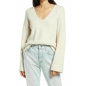 Treasure & Bond Wool Blend V-Neck Pullover Sweater Ribbed Flare Sleeve Cream XS